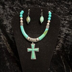 Turquoise and Silver Cross Necklace Set